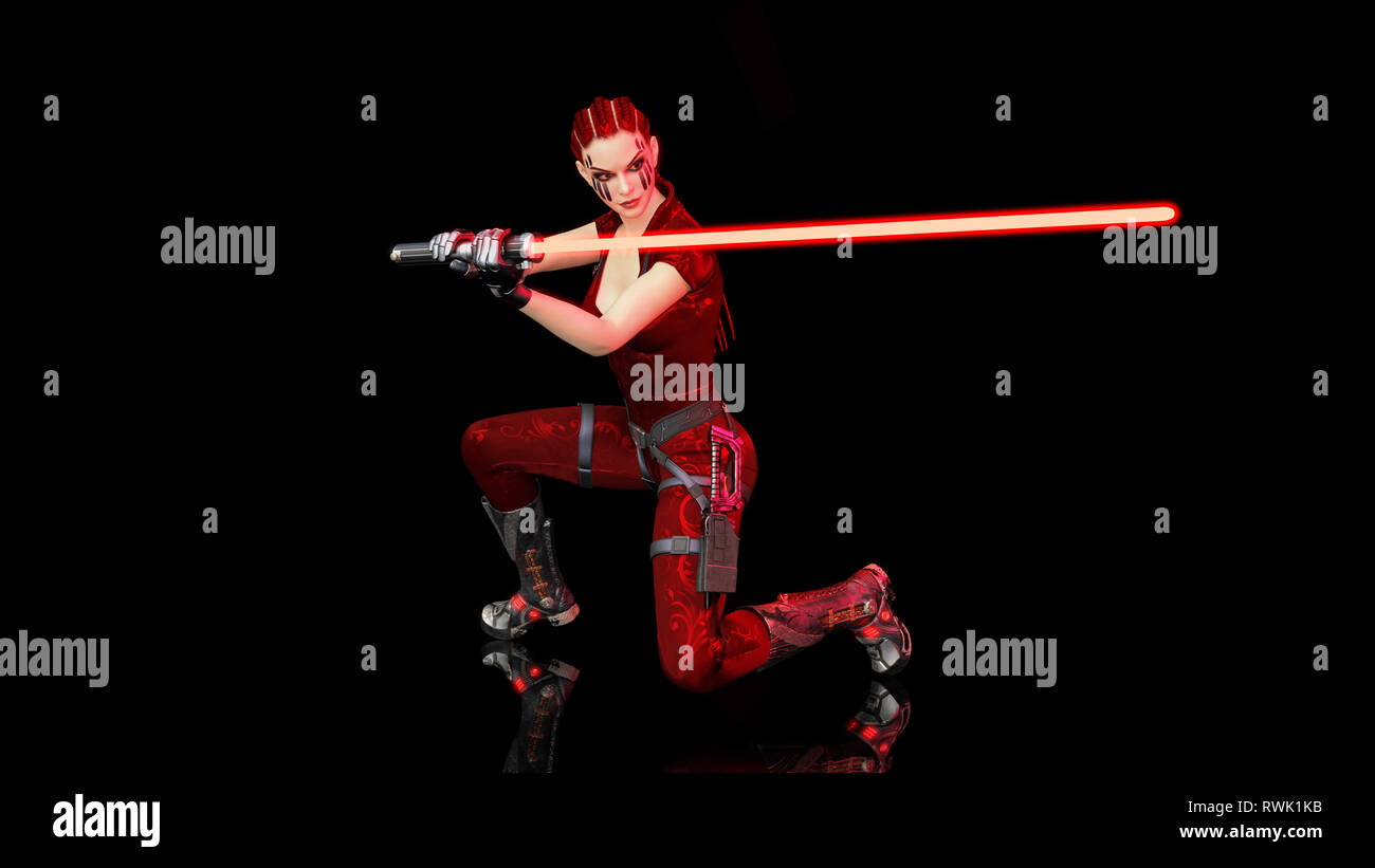 Redhead Krieger Mädchen mit sci-fi Laser Schwert, geflochtene Frau mit futuristischen Sabre Waffe auf schwarzen Hintergrund, 3D-Rendering Stockfoto