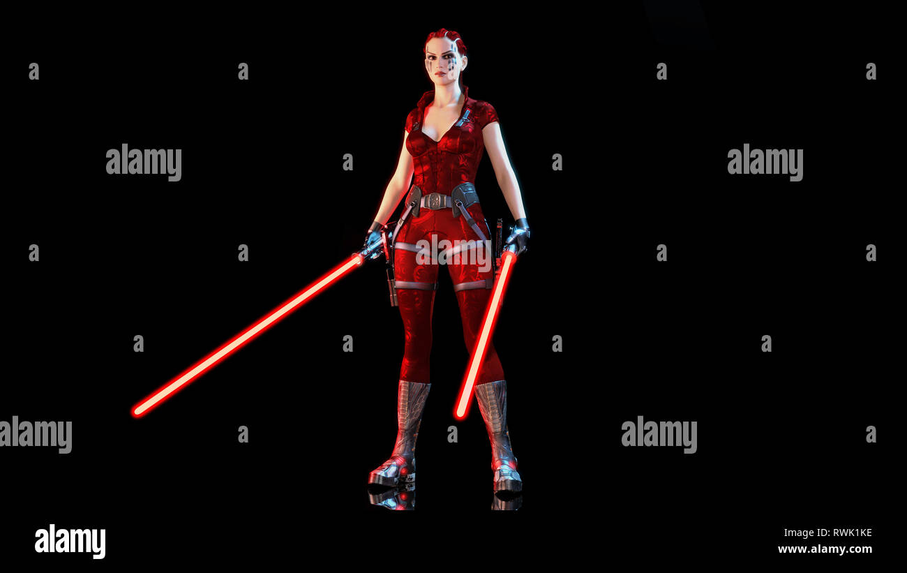 Redhead Krieger Mädchen mit zwei futuristischen Licht Schwerter, geflochtene Frau mit sci-fi Laser Schwert Waffe auf schwarzen Hintergrund, 3D-Rendering Stockfoto