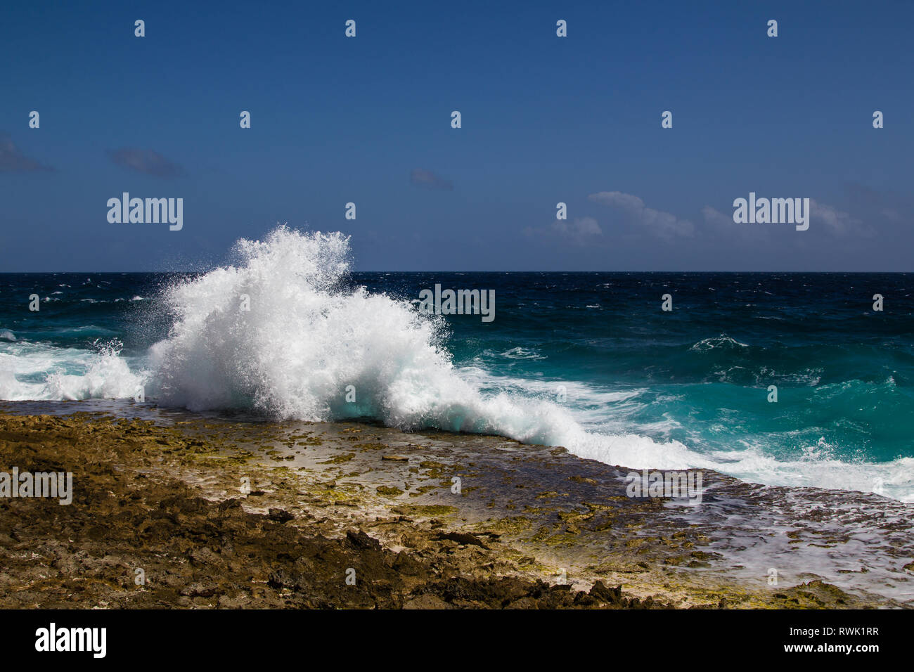 Wild und hohe Wellen am rauen Küstenlinie von der Westküste der Insel Bonaire brechen Stockfoto