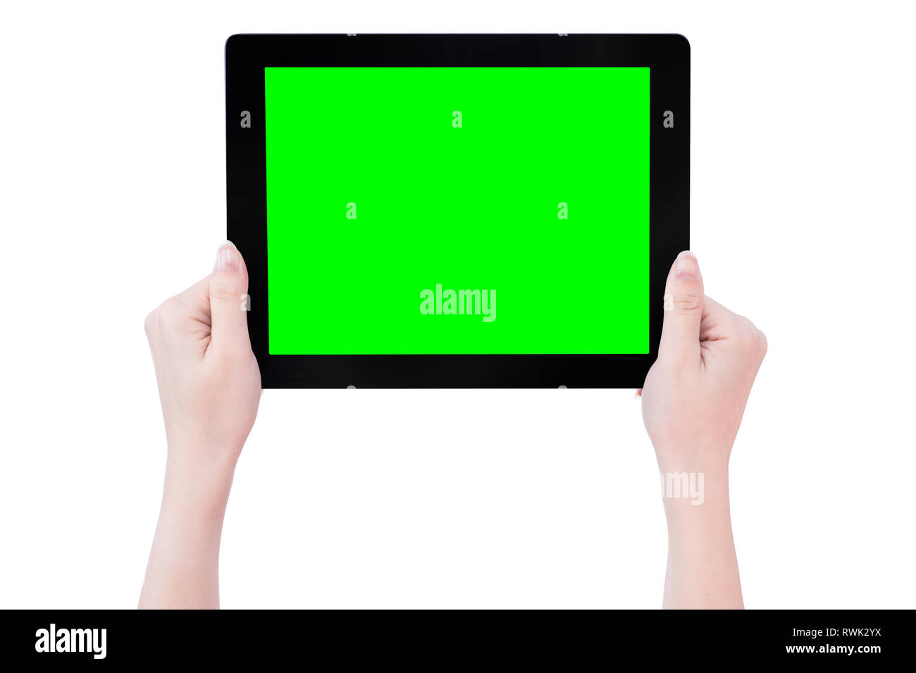 Schöne Mädchen im Teenageralter Holding einen schwarzen tablet pc-Vorlage mit Green Screen auf weißem Hintergrund, Nahaufnahme, Mock up, Beschneidungspfade, Ausschneiden Stockfoto