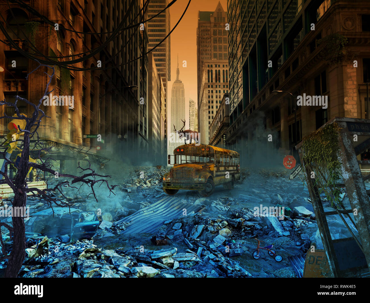 Verlassenen Schulbus in einem apokalyptischen New York City, das zusammengesetzte Bild Stockfoto