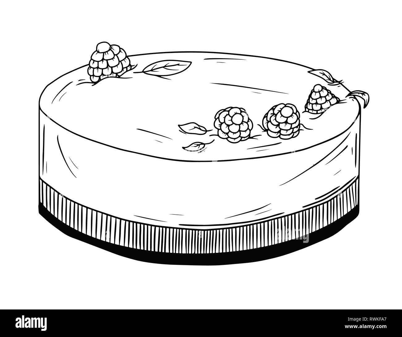 Eine Torte mit Himbeeren Skizze. Kuchen isoliert auf weißem Hintergrund. Vektor Stock Vektor