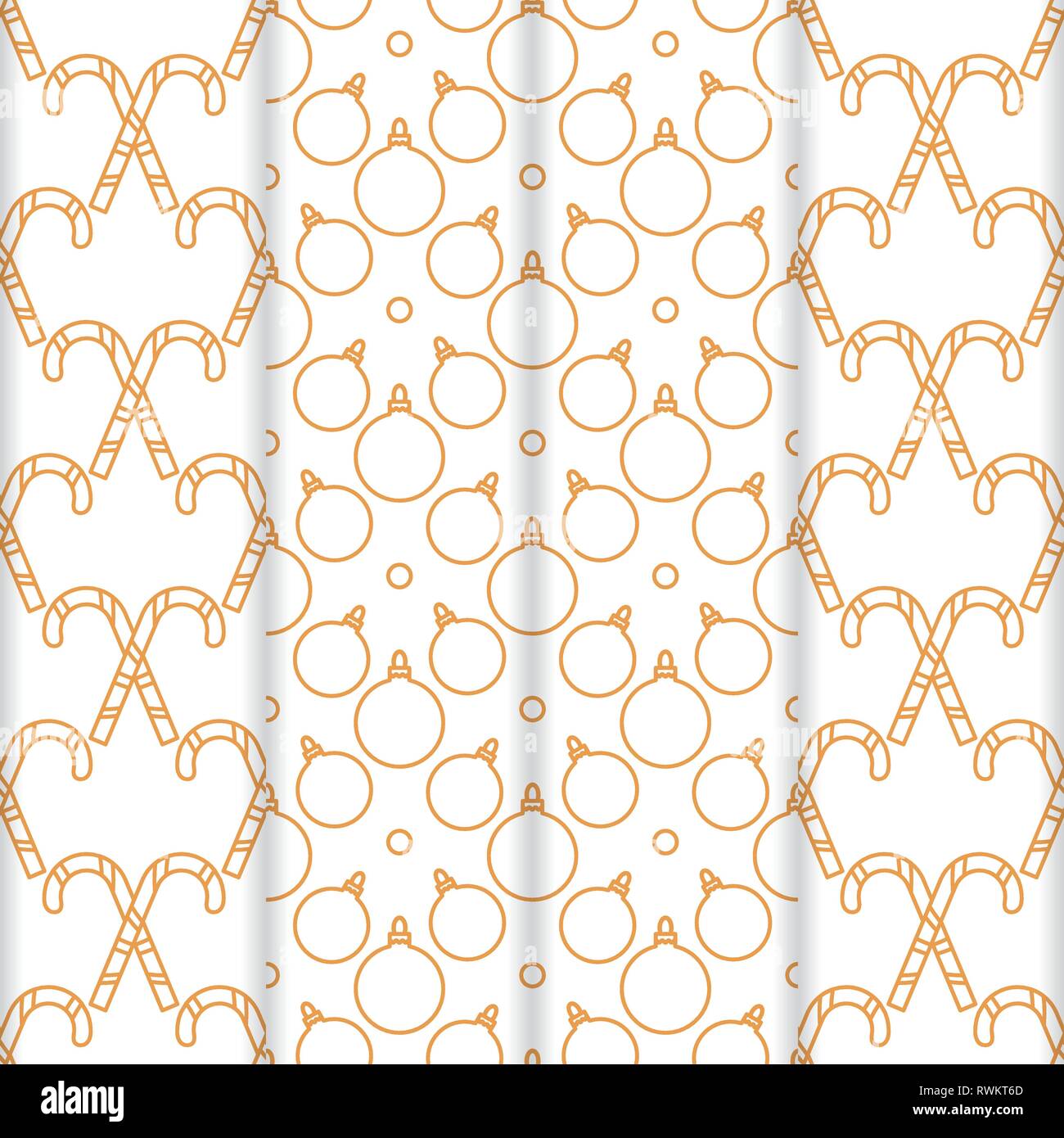Satz von 4 Frohes neues Jahr 2019 und Weihnachten nahtlose Muster. Vector Illustration mit Zuckerstangen und Weihnachtskugeln. Design für die Verpackung, Stoff, Pr Stock Vektor