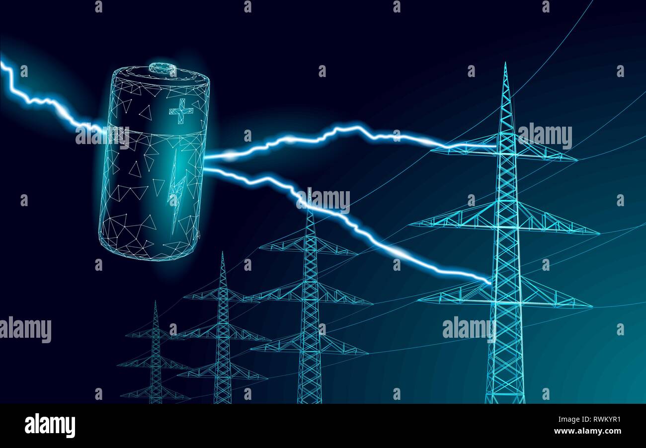 Polygonale Alkaline Batterie power line berechnet. Hohe Spannung der elektrischen Turm pylon. Lightning Thunder Low Poly polygon Partikel Raum dunkler Himmel Stock Vektor