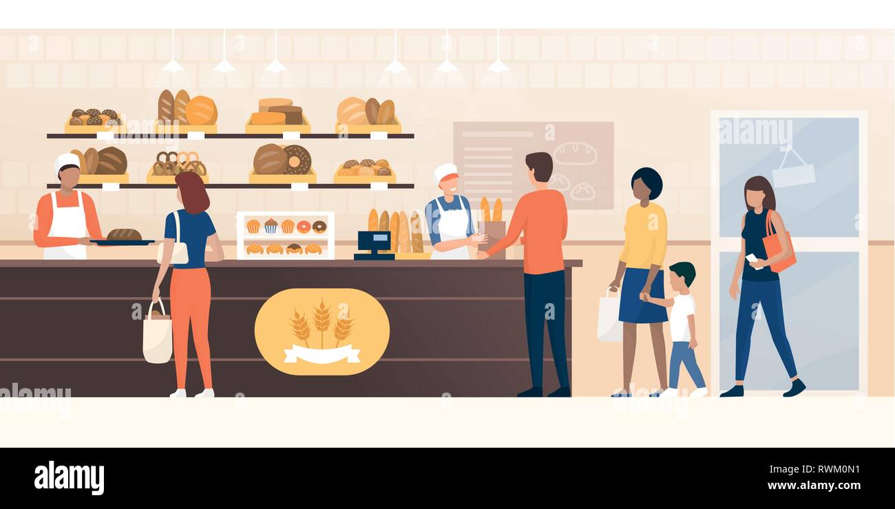 Menschen Einkaufen in der Bäckerei und Verkäuferinnen arbeiten und Verkaufen frisches Brot an die Kunden Stock Vektor