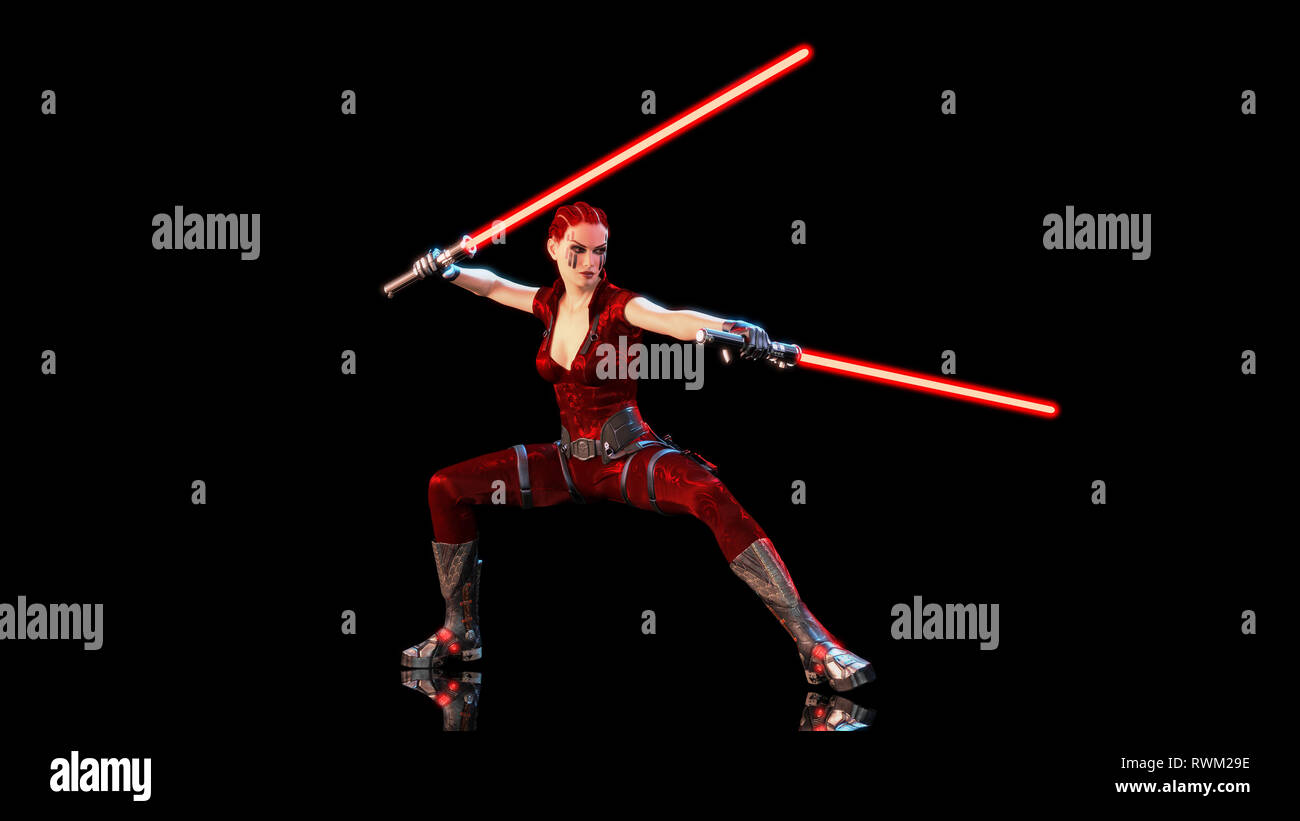 Redhead Krieger Mädchen mit zwei sci-fi Licht Schwerter, geflochtene Frau mit futuristischen Sabre Waffe auf schwarzen Hintergrund, 3D-Rendering Stockfoto