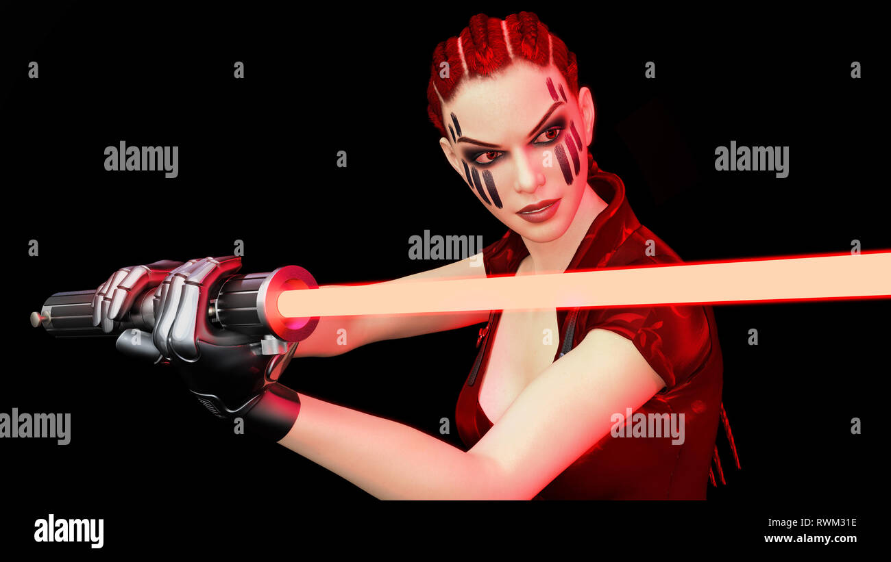 Redhead Krieger Mädchen mit sci-fi Laser Schwert, geflochtene Frau mit futuristischen Sabre Waffe auf schwarzem Hintergrund isoliert, Nahaufnahme, 3D-Rendering Stockfoto