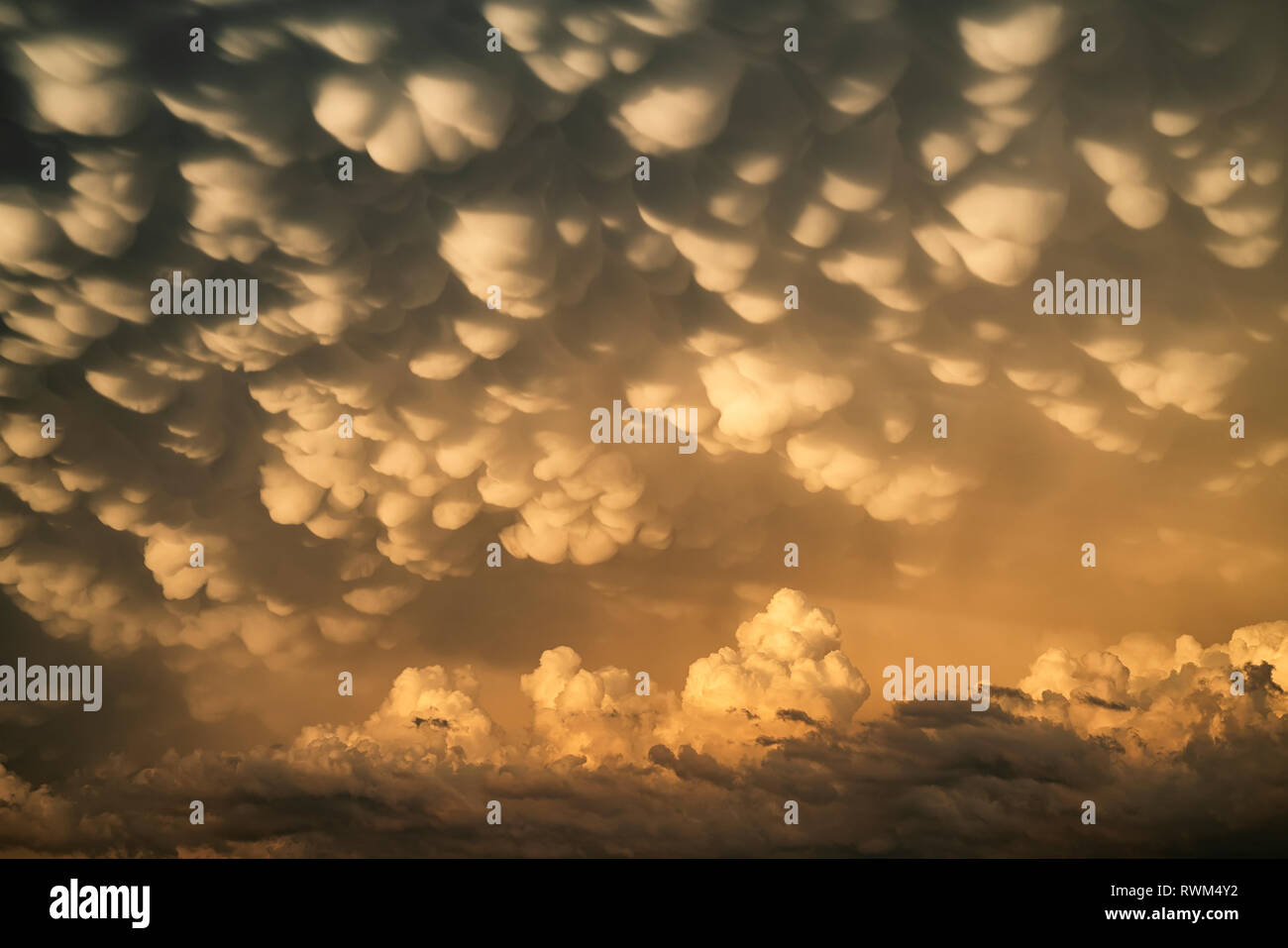 Dramatische Himmel über der Landschaft während eines Sturms jagen Tour im mittleren Westen der Vereinigten Staaten gesehen. Ein Beispiel für Mammatus Wolken Stockfoto