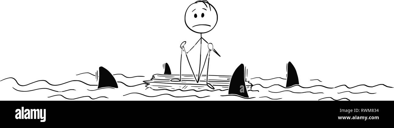 Cartoon von Mann oder Castaway sitzen allein auf Stück Holz in der Mitte des Ozean Stock Vektor