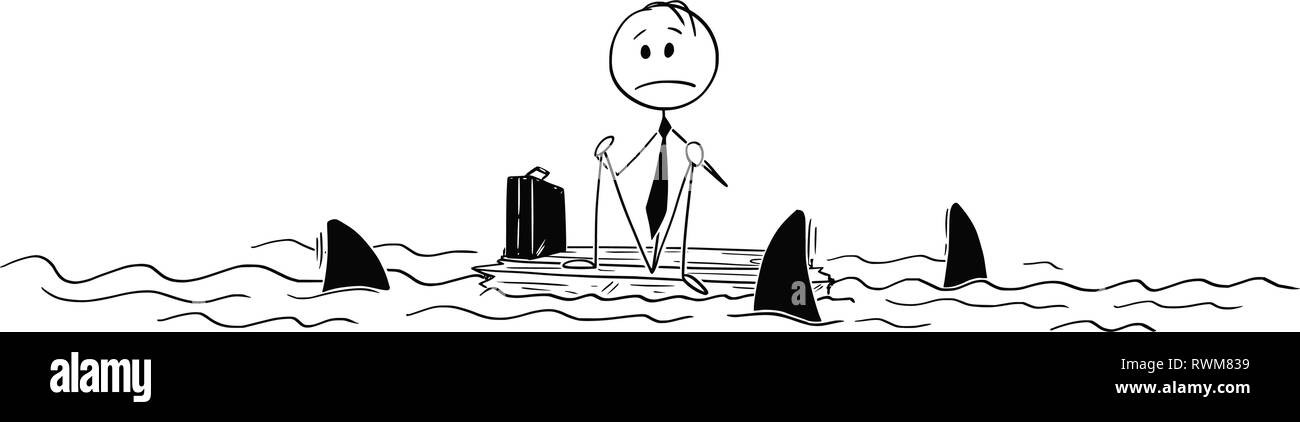 Cartoon von Castaway Geschäftsmann sitzt alleine auf Stück Holz in der Mitte des Ozean Stock Vektor
