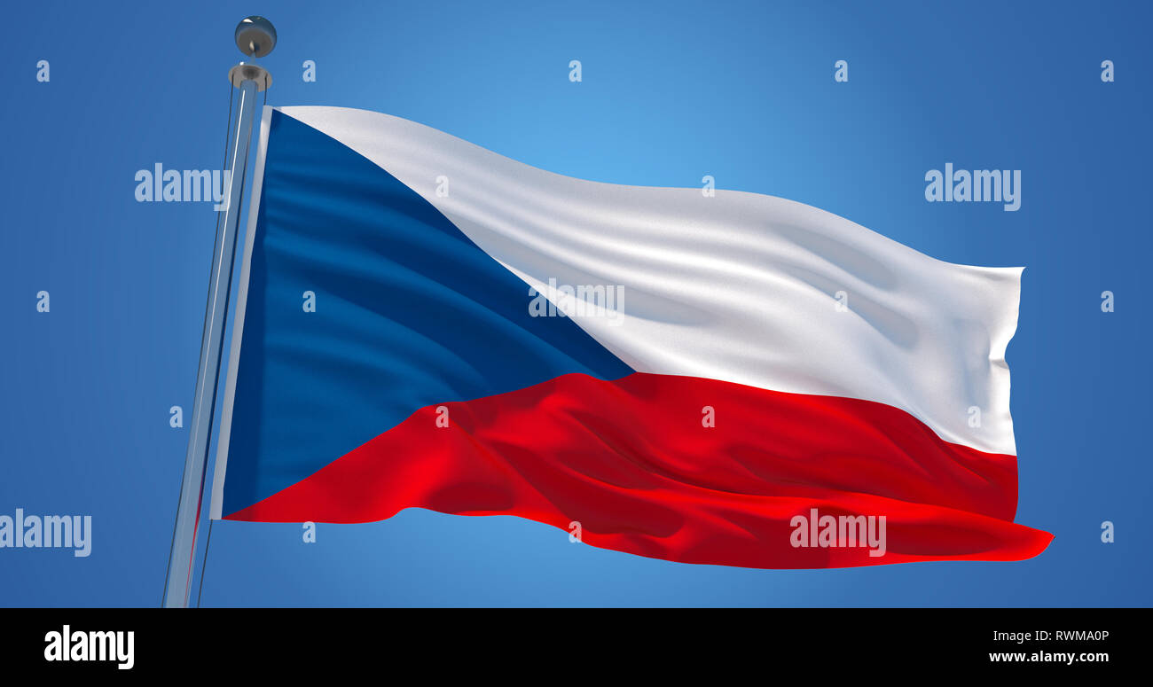 Flatternden Seide Flagge der Tschechischen Republik. Tschechische offizielle Fahne im Wind gegen den klaren blauen Himmel. 3D-Rendering Stockfoto