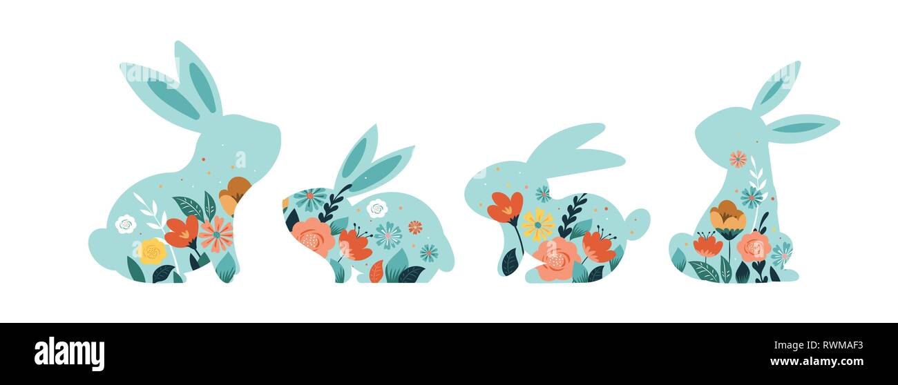 Frohe Ostern Vektorgrafiken von Hasen, Kaninchen Icons, geschmückt mit Blumen Stock Vektor