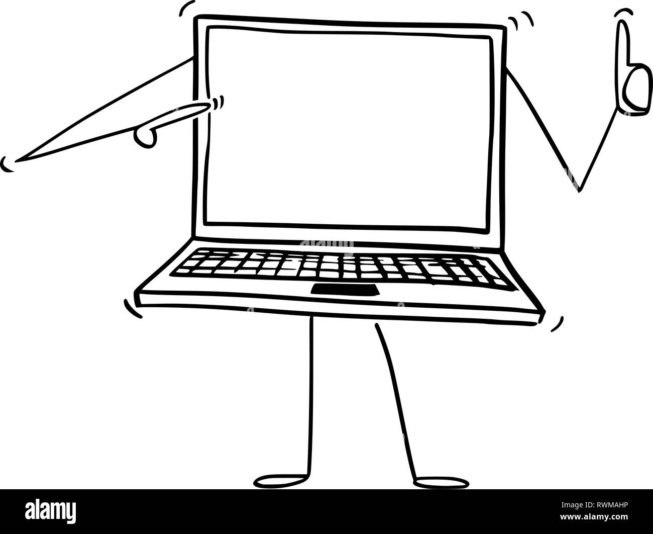 Cartoon von Laptop oder Notebook Computer Charakter zeigt auf sich selbst und zeigt mit dem Daumen nach oben Stock Vektor