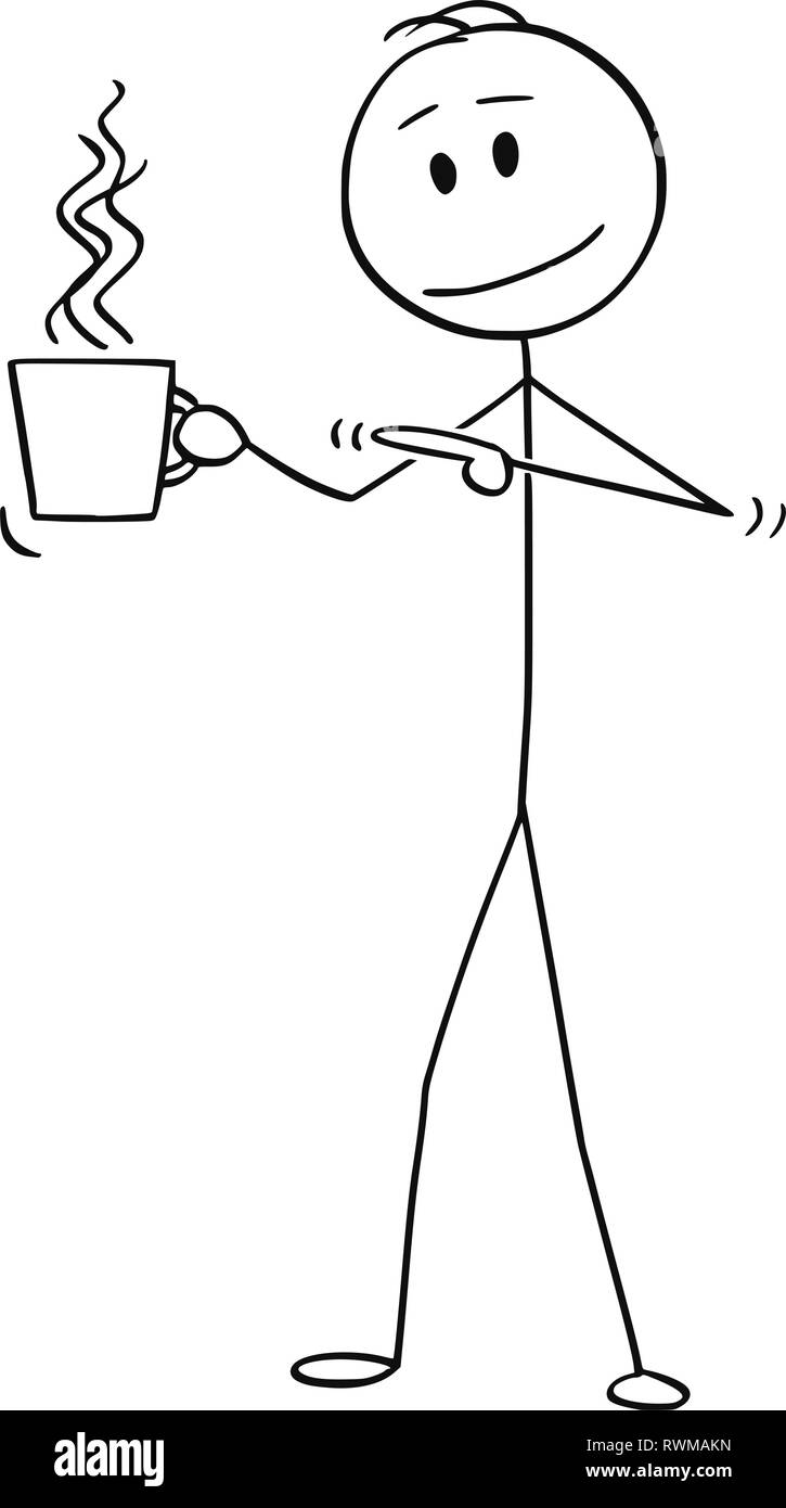 Cartoon von Mann hält und zeigen auf Tasse heißen Getränk, Kaffee oder Tee Stock Vektor