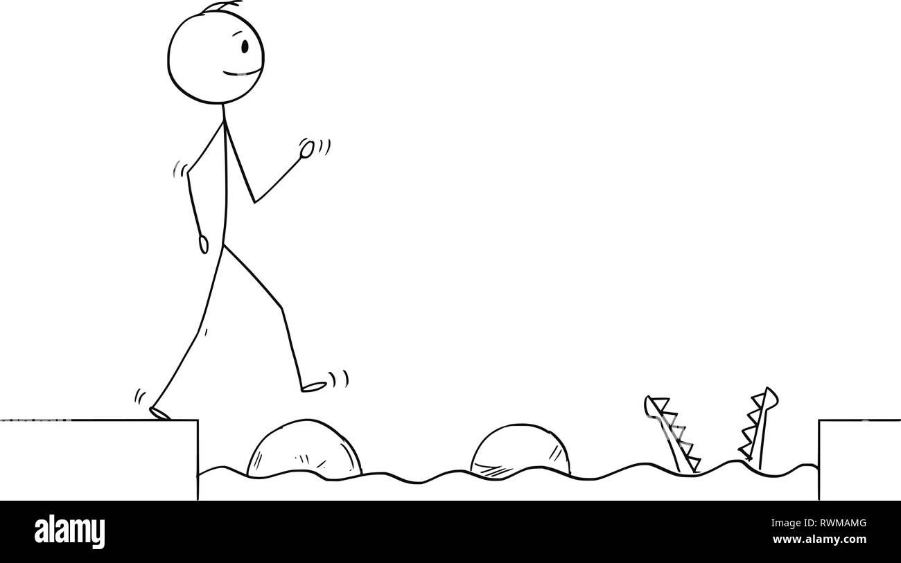 Cartoon von Mann oder Geschäftsmann auf Steine über Wasser Hindernis zu erhalten Stock Vektor
