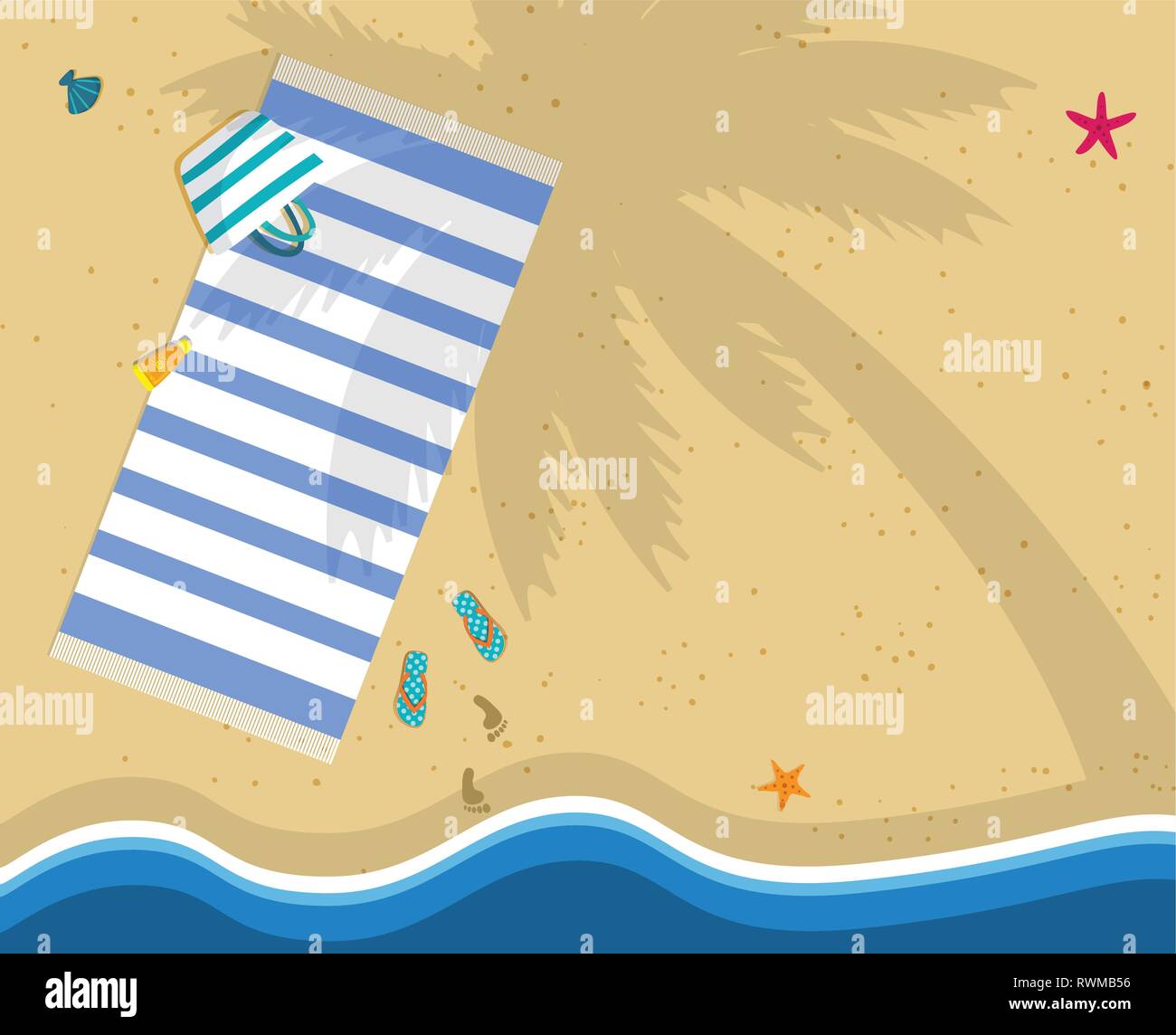 Sommer Hintergrund mit Platz kopieren. Blick von oben auf das Meer Strand mit Handtuch, Tasche, Flip Flops und Fußabdrücke auf Sand. Palmen Schatten am Meer. Seashel Stock Vektor