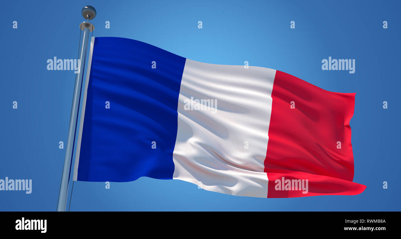 Flatternden Seide Flagge Frankreichs. Französisch offizielle Fahne im Wind gegen den klaren blauen Himmel. 3D-Rendering Stockfoto