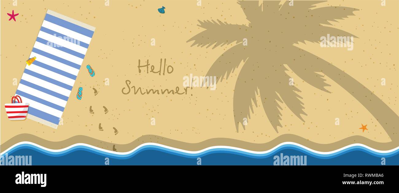 Hallo Sommer horizontale Banner mit Platz kopieren. Blick von oben auf die Exotischen leeren Strand mit schäumenden Wellen. Mat, Tasche, Hausschuhe und Fuß Druckt auf Sand. Palm Stock Vektor