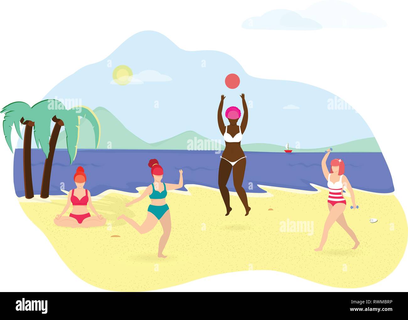 Gruppe Junger multirassischen Glückliche Mädchen spielen, Relaxen am Strand. Seaside Hintergrund mit blauer Himmel und sandige Küste. Sommer Zeit aktiven Lebensstil. Bod Stock Vektor