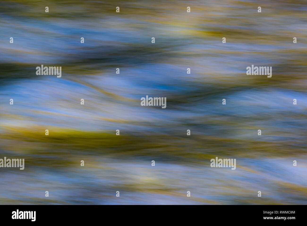 Abstrakte Bilder von Laub in bewegtem Wasser bei Sonnenaufgang reflektiert; Atlin in British Columbia, Kanada Stockfoto