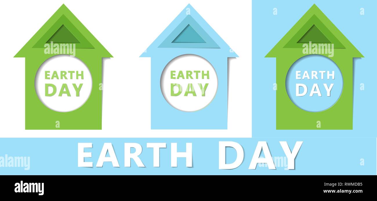 Tag der Erde Konzept. 22. April. Papier Design mit grünen und blauen Häusern. Die Erde ist unsere Heimat. Blue Planet Stock Vektor