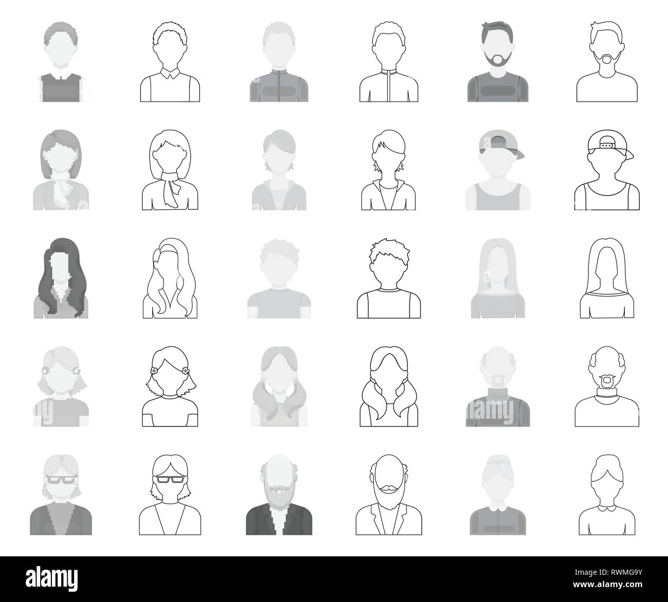 Aussehen, Kunst, Athlet, Avatar, Glatze, Bart, Junge, Sammlung, Design, Kleid, Gesicht, Mimik, Mode, Mädchen, Gläser, Großvater, Großmutter, Frisur, Kopf, menschliche, Icon, Illustration, isoliert, Logo, Mann, monochrom, Outline, Schnurrbart, Außen, Menschen, Personen, Portrait, Satz, Zeichen, Stiefvater, Stiefmutter, Stil, Symbol, Lehrer, Riegel, Benutzer, Vector, Web, Frau, Arbeiten, Vektor, Vektoren, Stock Vektor
