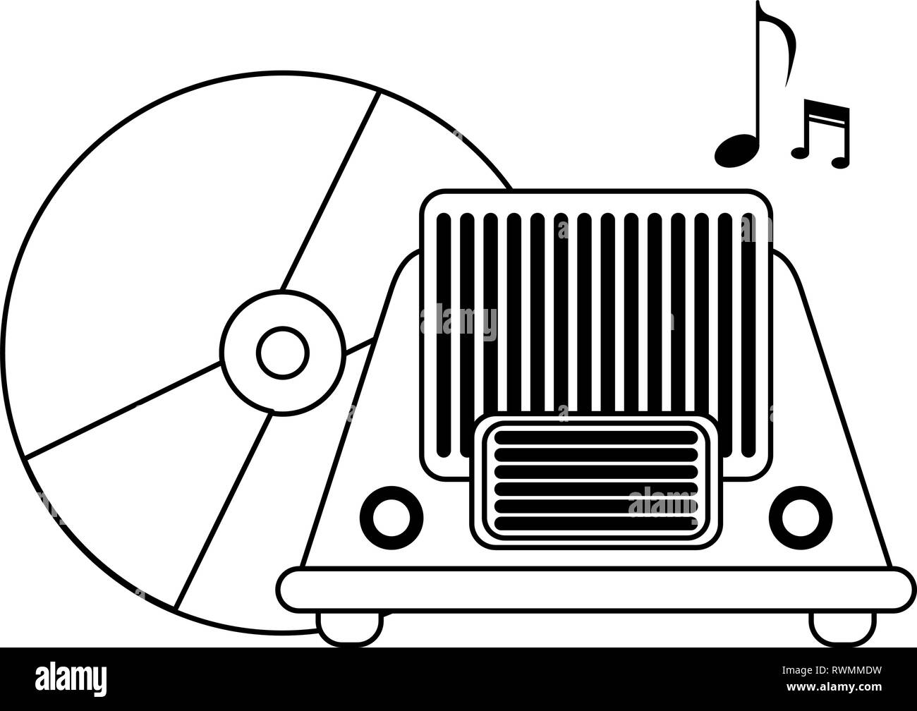 Vintage Radio und alte Vinyl Schwarz und Weiß Stock Vektor