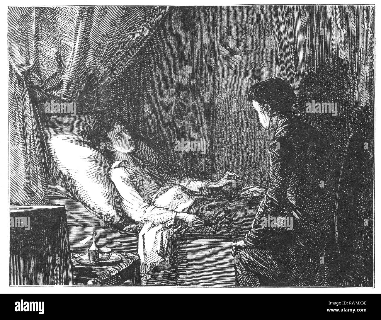 William Kegge, eine junge Studentin mit Typhus in seinem Krankenbett, Hildebrand, kurz bevor er stirbt. Ursprünglich von den Westindischen Inseln lebte er mit seiner Familie in Haarlem in den Niederlanden. Von der Camera Obscura, eine Sammlung von Niederländischen humorvoll - realistische Essays, Erzählungen und Skizzen, in denen Hildebrand, der Autor, einen ironischen Blick auf das Verhalten der "well-to-do' nimmt, finden Sie bürgerlichen und ohne ein gutes Wort für Sie. Stockfoto