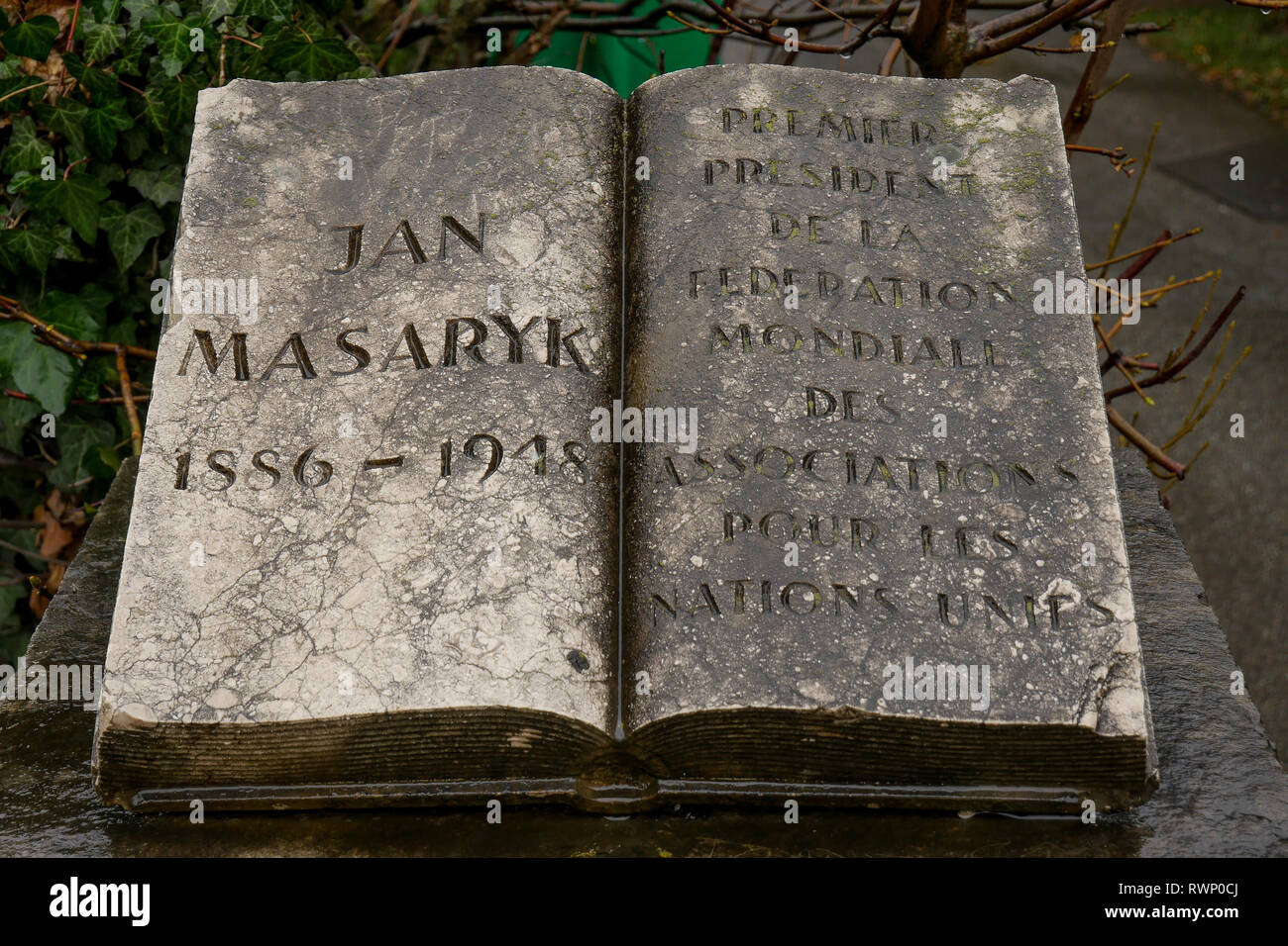 Hommage an Jan Masaryk, der erste Präsident der Weltvereinigung der Gesellschaft für die Vereinten Nationen, Genf, Schweiz Stockfoto