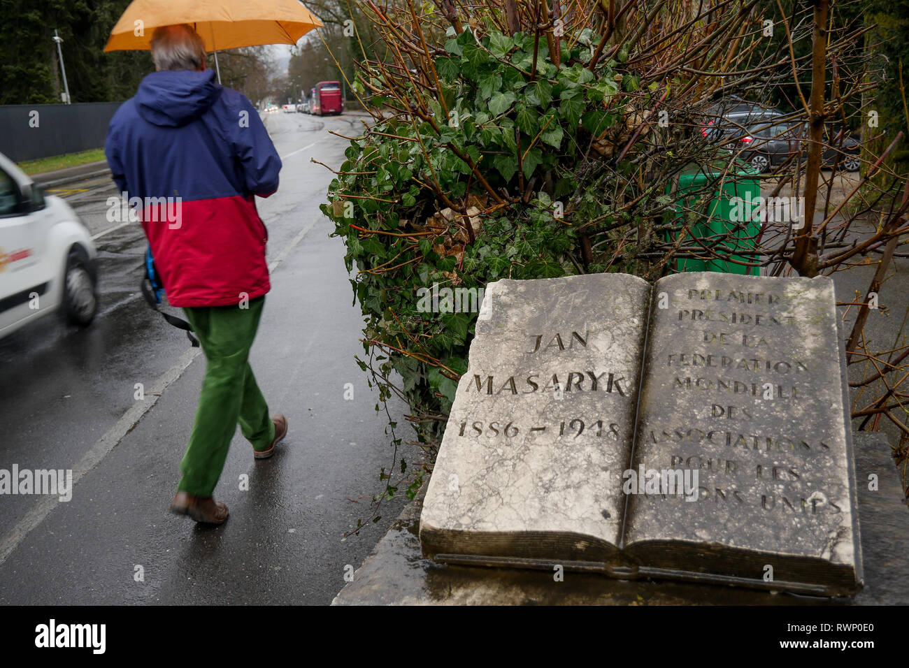 Hommage an Jan Masaryk, der erste Präsident der Weltvereinigung der Gesellschaft für die Vereinten Nationen, Genf, Schweiz Stockfoto