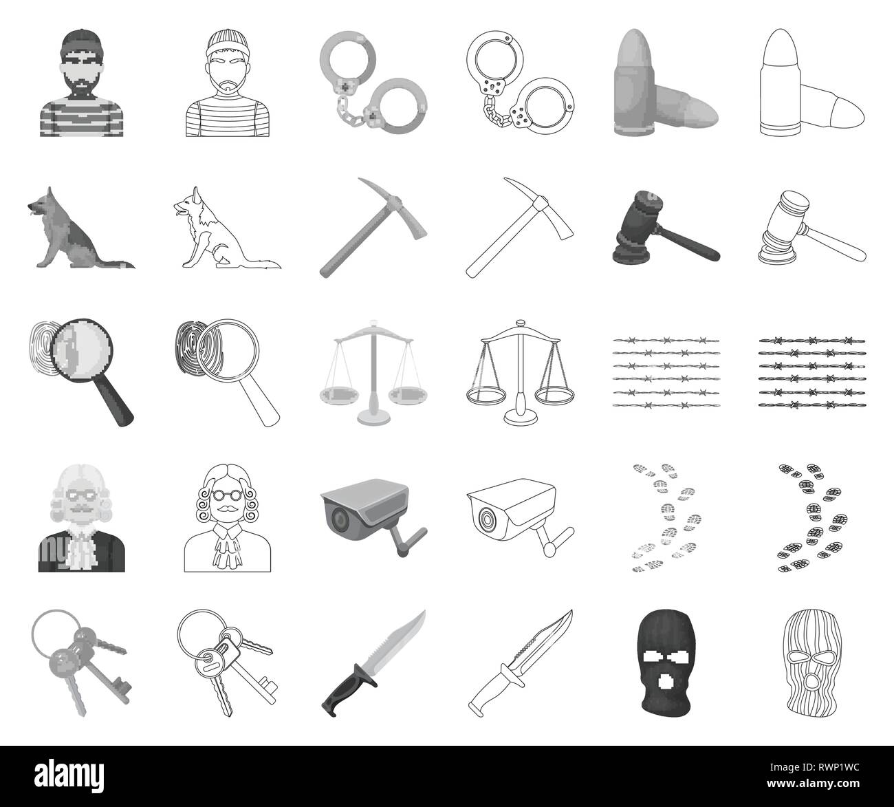 Arrestant, Attribute, ax, Stacheldraht, Kugel, Bündel, Kamera, Sammlung, Kriminalität, Strafrecht, Entbehrungen, Design, Hund, Finger, Fingerabdruck, Blumen, Hammer, Handschellen, Hut, Icon, Illustration, Haft, gehören, isoliert, Richter, Gerechtigkeit, Messer, Recht, Lupe, Maske, monochrome, Outline, Patron, Spitzhacke, Gefängnis, Gefangenen, Bestrafung, Puzzle, Waagen, Set, Hirte, Zeichen, Symbol, Schwanz, Zunge, Rankgitter, Vector, Video, Waffe, Perücke, Kabel Vektor Vektoren, Stock Vektor