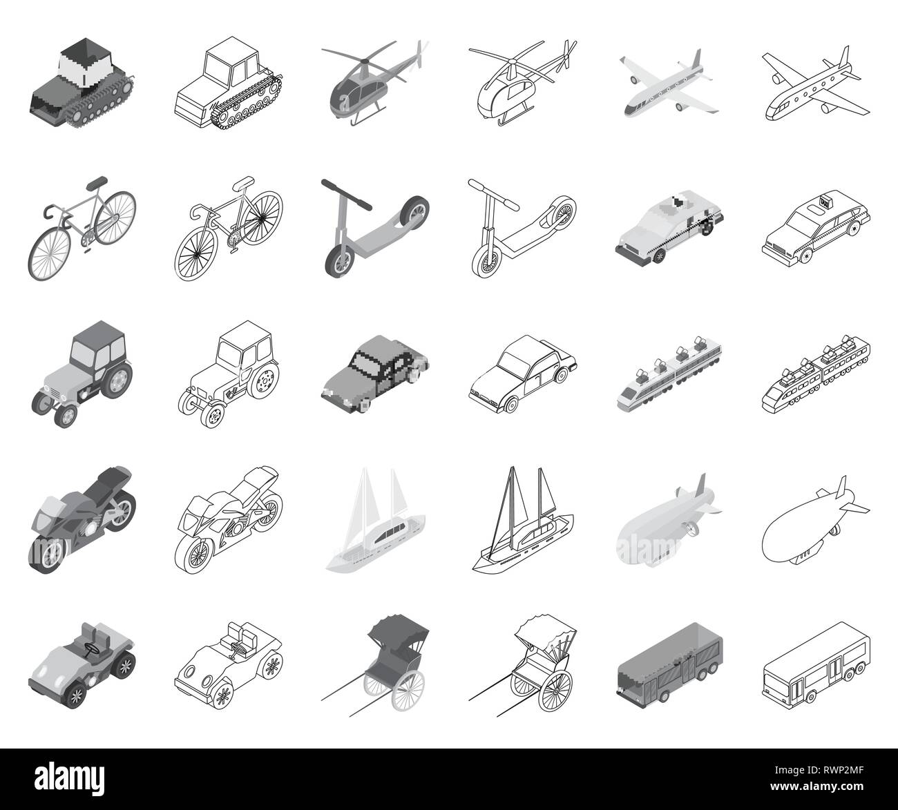 Luft, Flugzeug, Luftschiff, Kunst, Fahrrad, Bus, Auto, Warenkorb, Sammlung, Design, verschiedene, Golf, Hubschrauber, Icon, Illustration, isoliert, kubisch, Logo, monochrom, Outline, Motorrad, Bewegung, Rikscha, Straße, Scooter, Meer, Satz, Zeichen, Symbol, Taxi, Technik, verfolgt, Traktor, Bahn, Verkehr, Transport, LKW, Typ, Vektor-, Fahrzeug-, Web-, Yacht Vektor Vektoren, Stock Vektor