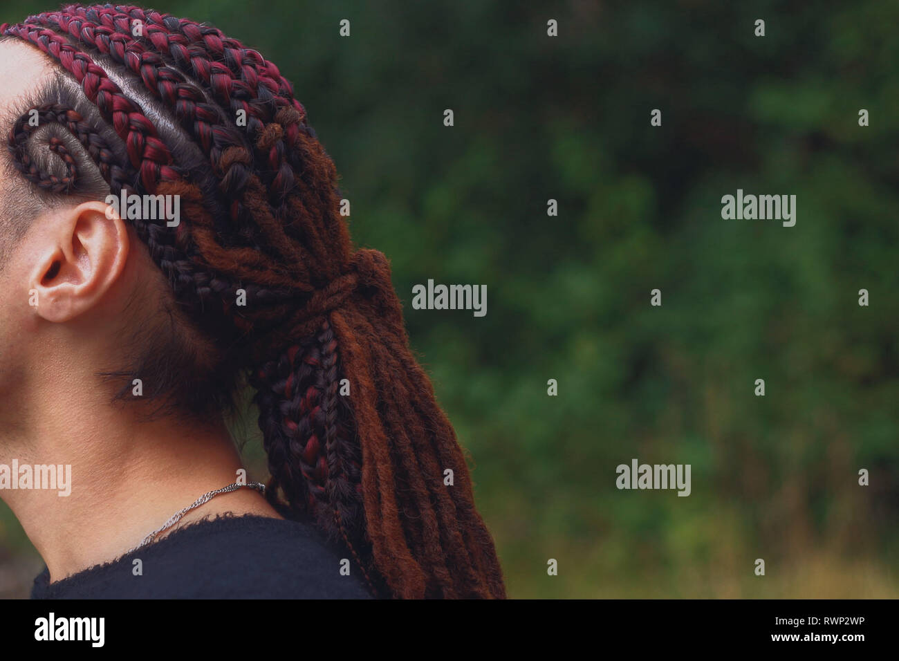 Ethnische Frisur Manner Dreadlocks Auf Dem Hintergrund Der Natur Stockfotografie Alamy