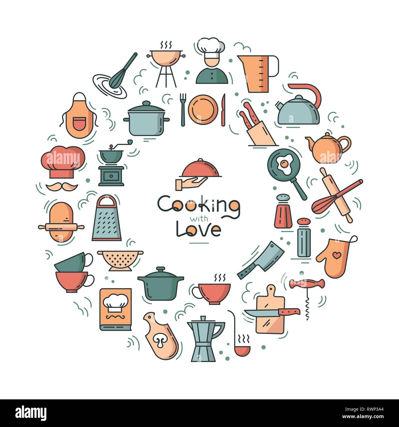 Kochen mit Liebe kreisförmigen Hintergrund von Symbolen auf das Thema der Küche und Kochen mit Schriftzug. Hintergrund für die Dekoration der Menü von Stock Vektor