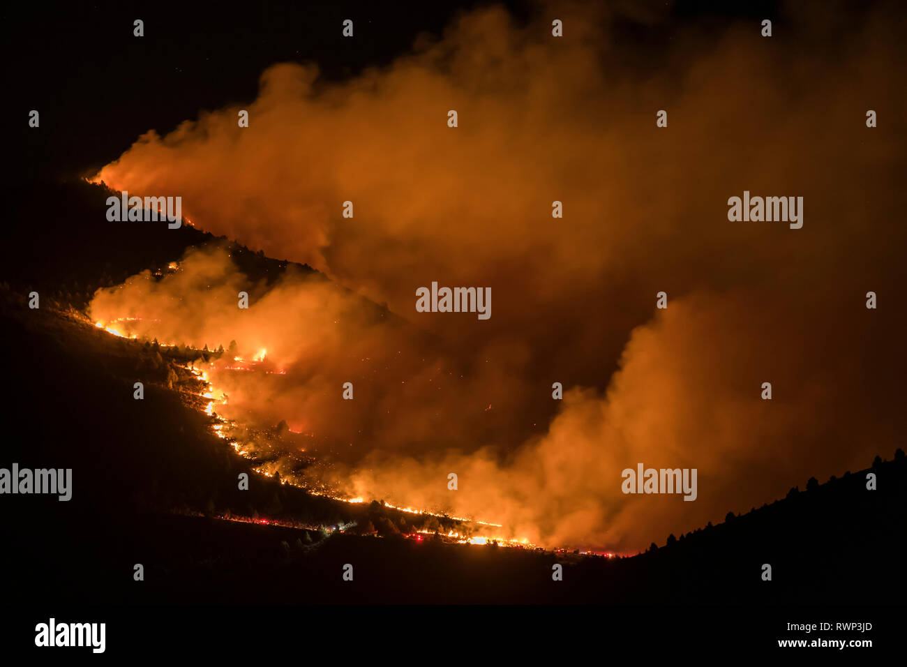 Waldbrand bei Nacht; Klamath Falls, Oregon, Vereinigte Staaten von Amerika Stockfoto