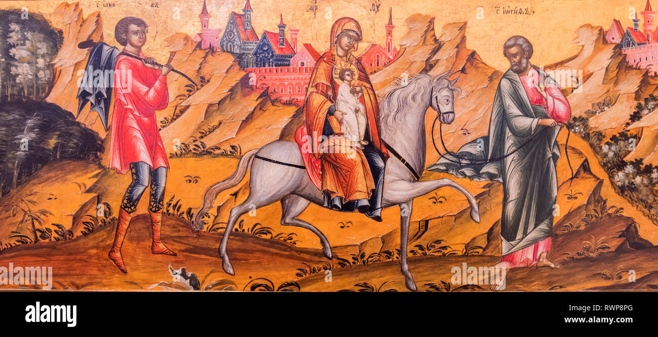 Flucht nach Ägypten Symbol, 18. Jahrhundert, Palekh, Ivanovo Gebiet, Russland Stockfoto
