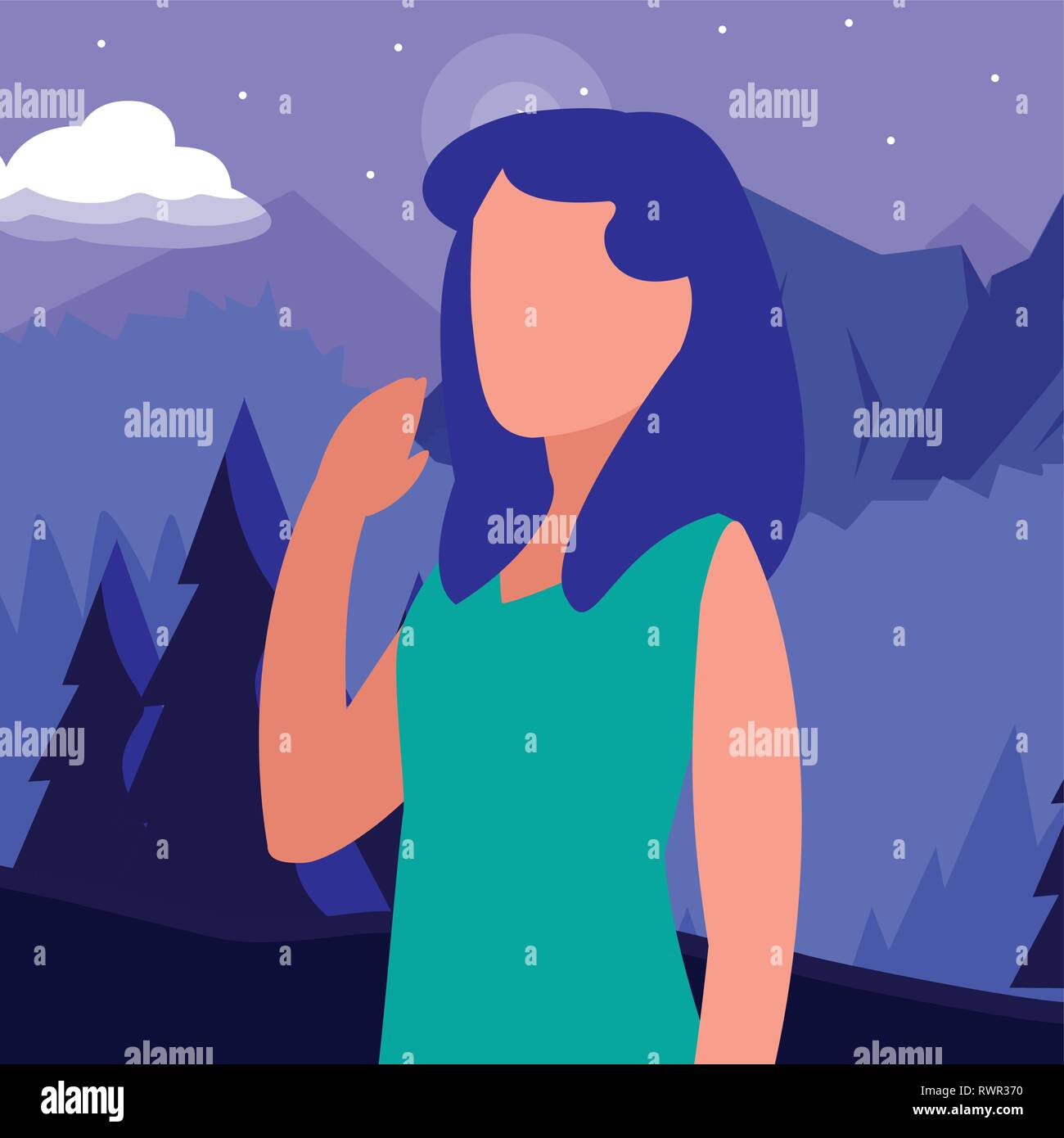 Junge Frau im Wald landschaft Szene Vector Illustration Design Stock Vektor