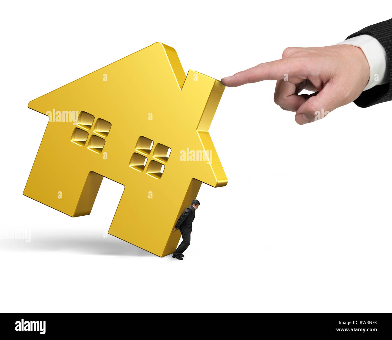 Mann mit goldenen Haus mit einem anderen grossen Hand drücken, auf weißem Hintergrund. Stockfoto