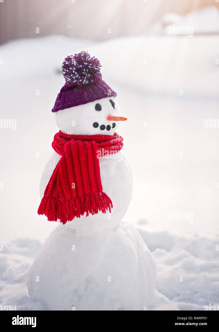 Lächelnd Schneemann mit lila Hut und dem roten Schal Stockfoto