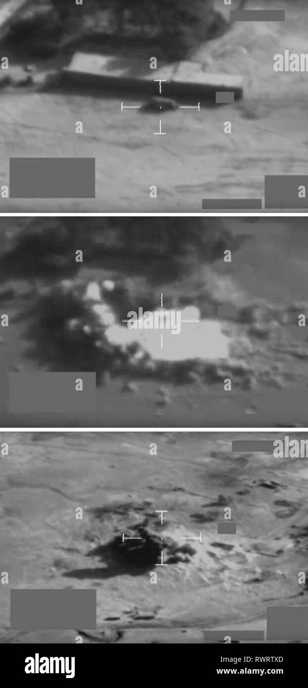 Bundesministerium der Verteidigung screengrab Bilder vom 17/10/2016 eines großen LKW-Bombe in Mossul, Irak, von einer RAF-Taifun über die a Paveway IV geführte Bombe zerstört. Nach Schätzungen des Ministeriums für Verteidigung freigegeben, RAF Streiks im Irak und in Syrien getötet und verletzt schätzungsweise 4,315 Feinde mit nur einem zivilen Todesopfer zwischen September 2014 und Januar. Stockfoto