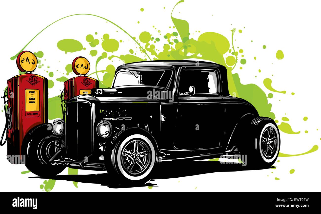 Oldtimer Stop an der Tankstelle Stock Vektor