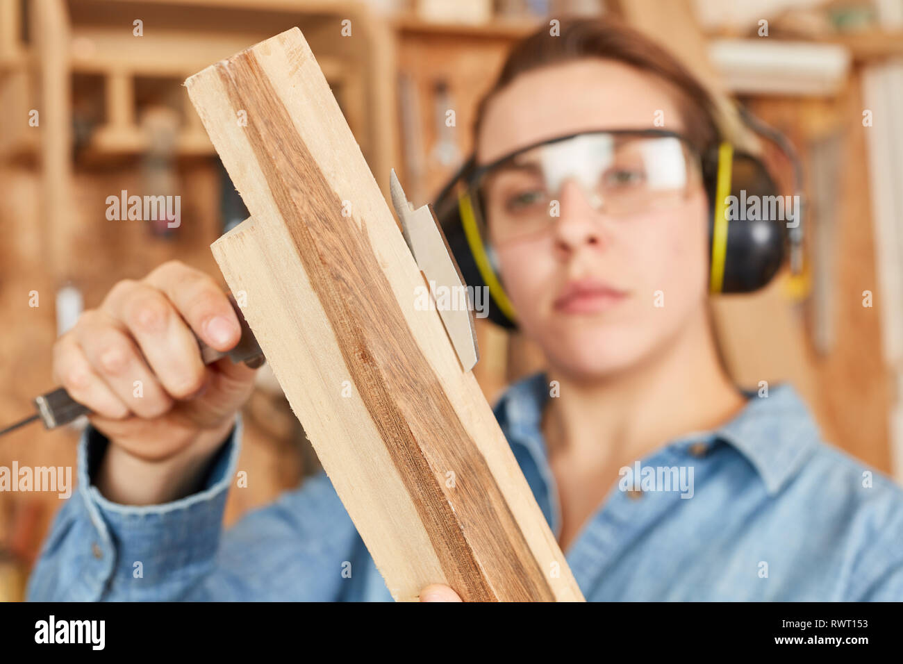 Junge Frau als Tischler Lehrling mit Bremssattel während der Messung von einem board Stockfoto
