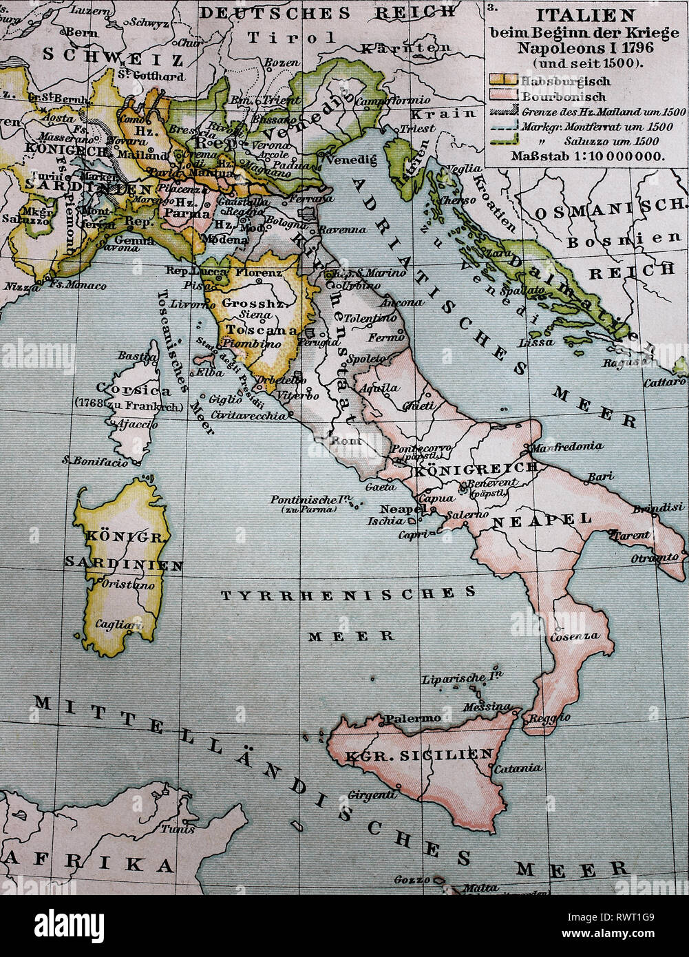 Landkarte von Italien von 1500 bis bei der Kriege Napoleon I, 1796 / Karte von Italien von 1500 bis zum Beginn der Napoleonischen Kriege 1796 Stockfoto