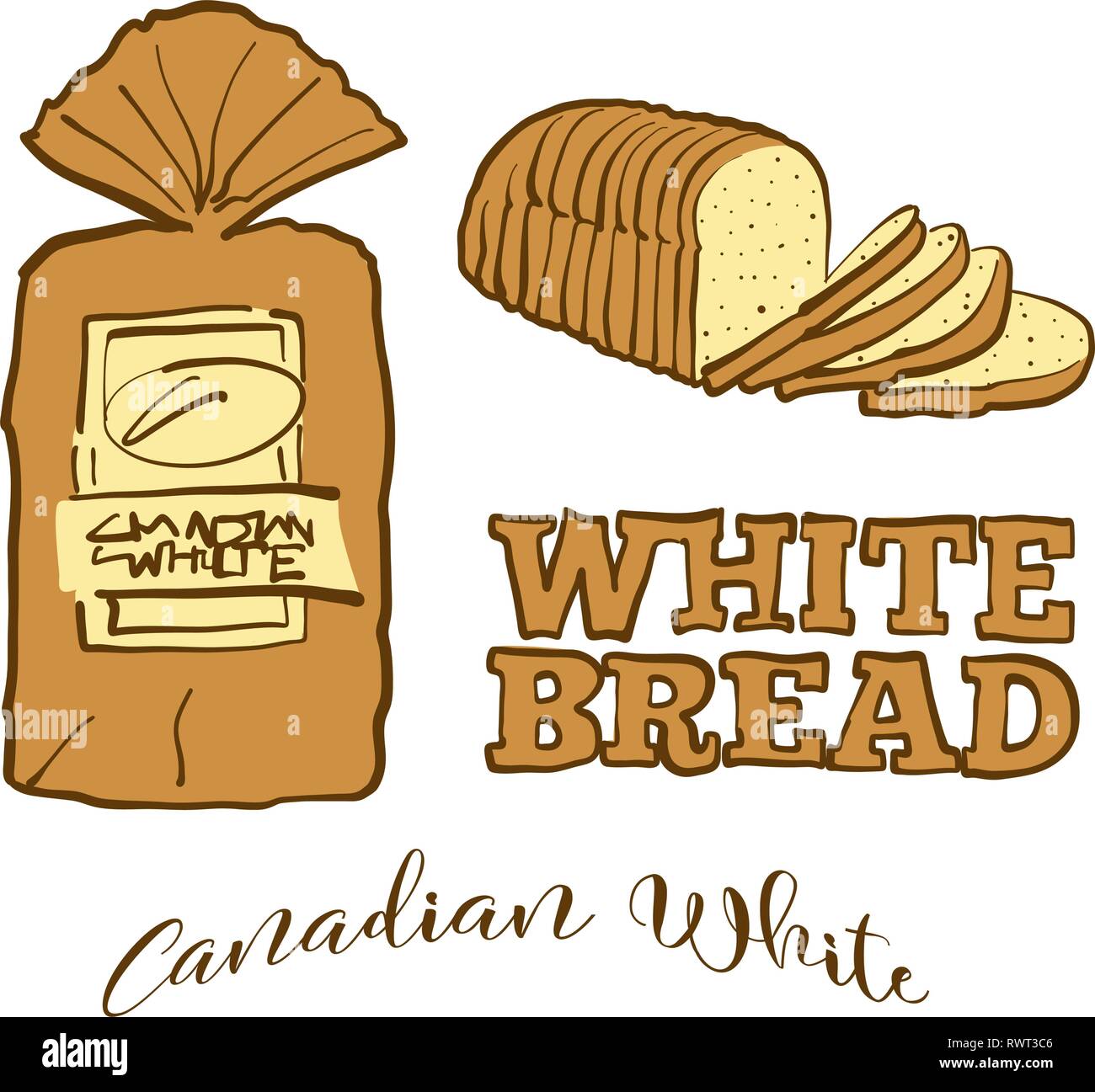 Farbige Skizzen der Kanadischen Weißbrot. Vektor Zeichnung des Weißen Essen, in der Regel in Kanada bekannt. Farbige Brot Abbildung Serie. Stock Vektor