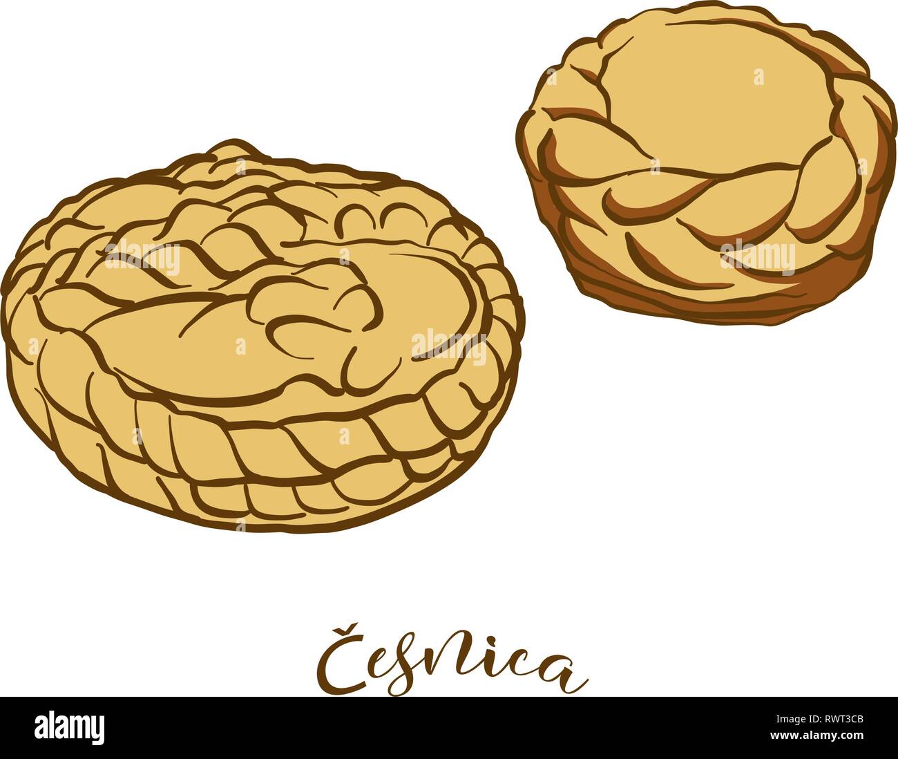 Farbige Skizzen von Cesnica Brot. Vektor Zeichnung von Soda Brot essen, in der Regel in Serbien bekannt. Farbige Brot Abbildung Serie. Stock Vektor