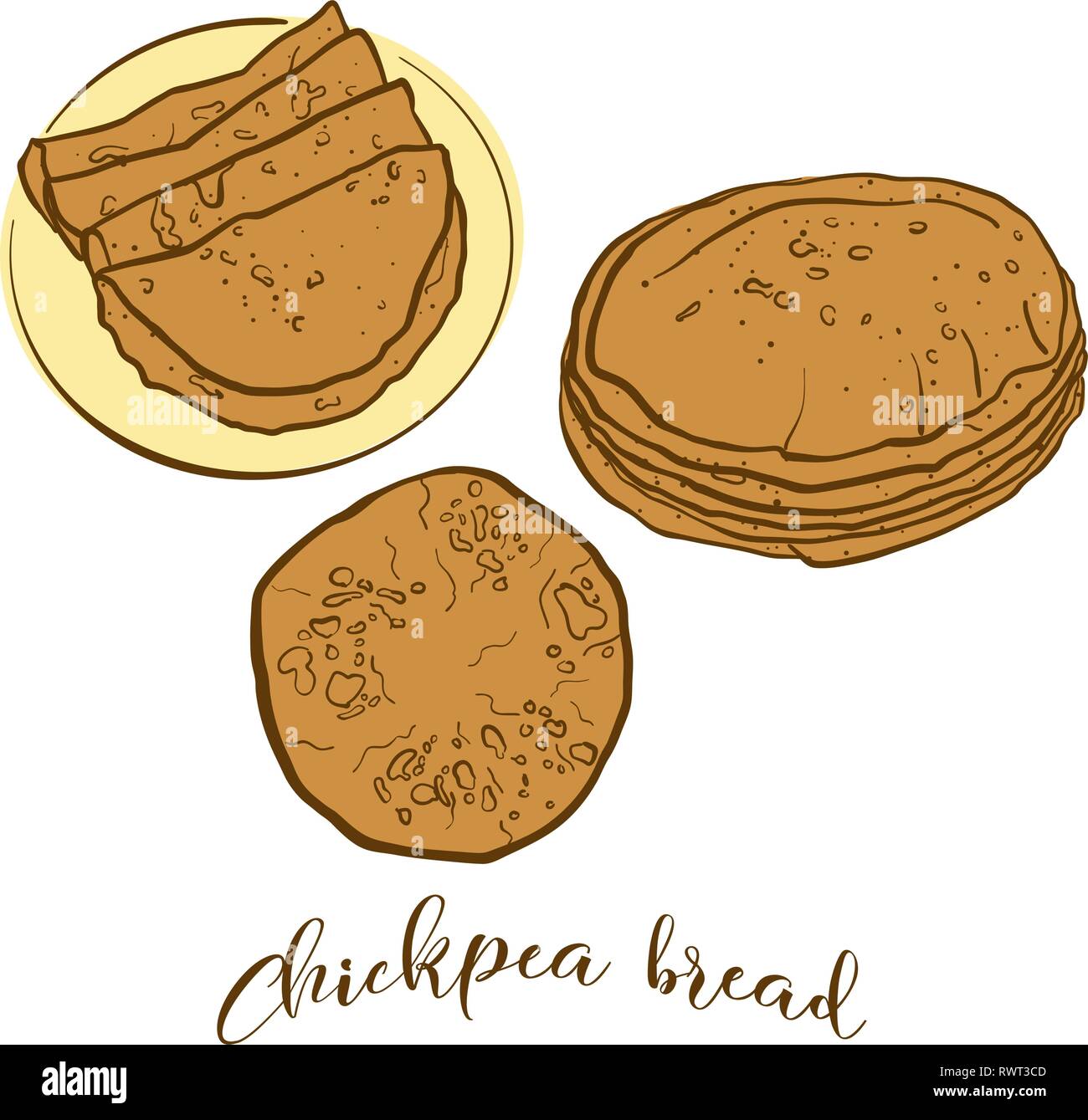 Farbige Skizzen von Chapati Brot. Vektor Zeichnung von Fladenbrot Essen, in der Regel in Südostasien bekannt. Farbige Brot Abbildung Serie. Stock Vektor