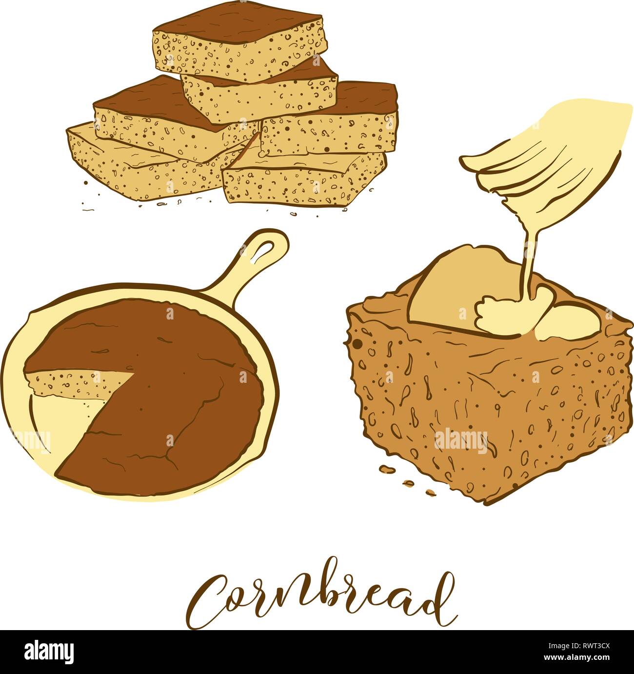 Farbige Skizzen der Cornbread Brot. Vektor Zeichnung der Cornbread Essen, in der Regel in Amerika bekannt. Farbige Brot Abbildung Serie. Stock Vektor