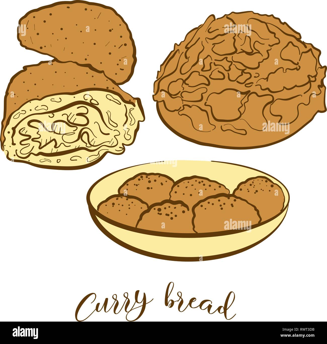 Farbige Skizzen von Curry Brot Brot. Vektor-zeichnung Brötchen essen, in der Regel in Japan bekannt. Farbige Brot Abbildung Serie. Stock Vektor