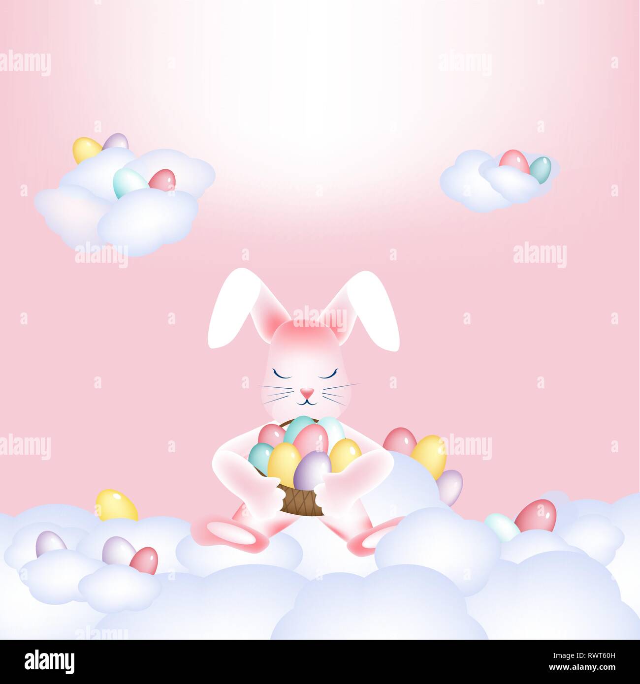 Osterhase mit bunten Eiern Nickerchen auf den Wolken Platz kopieren Stock Vektor