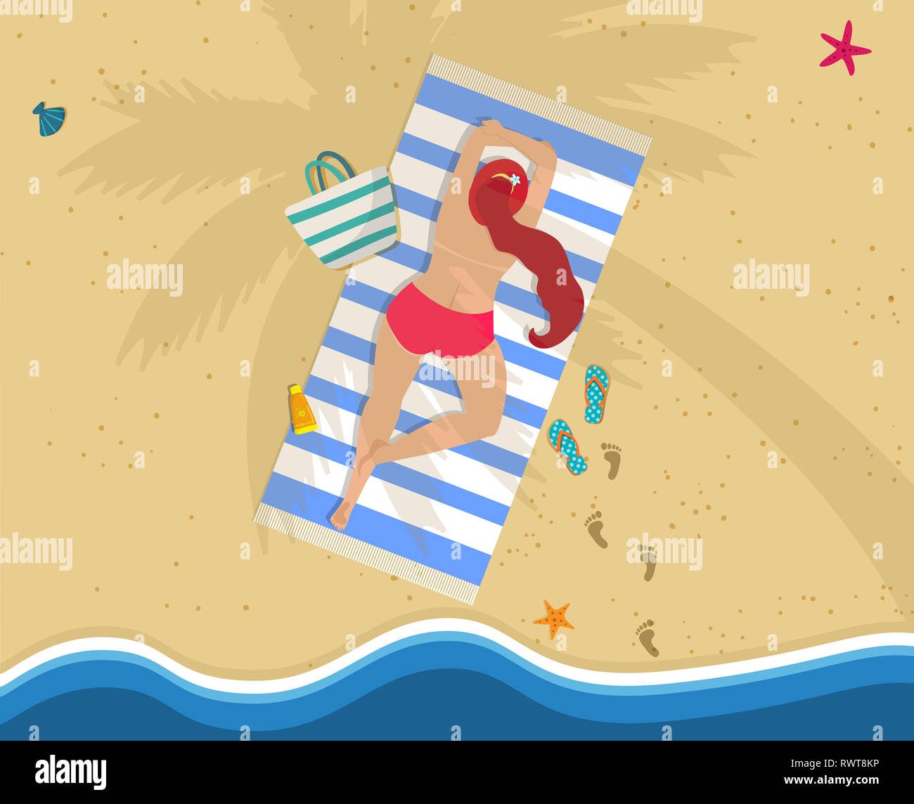 Blick von oben auf die junge Frau im Bikini auf dem Bauch liegend auf bunten Handtuch für den Strand unter Palmen. Urlaub, Reisen und Erholung attraktives Mädchen am Meer Stockfoto